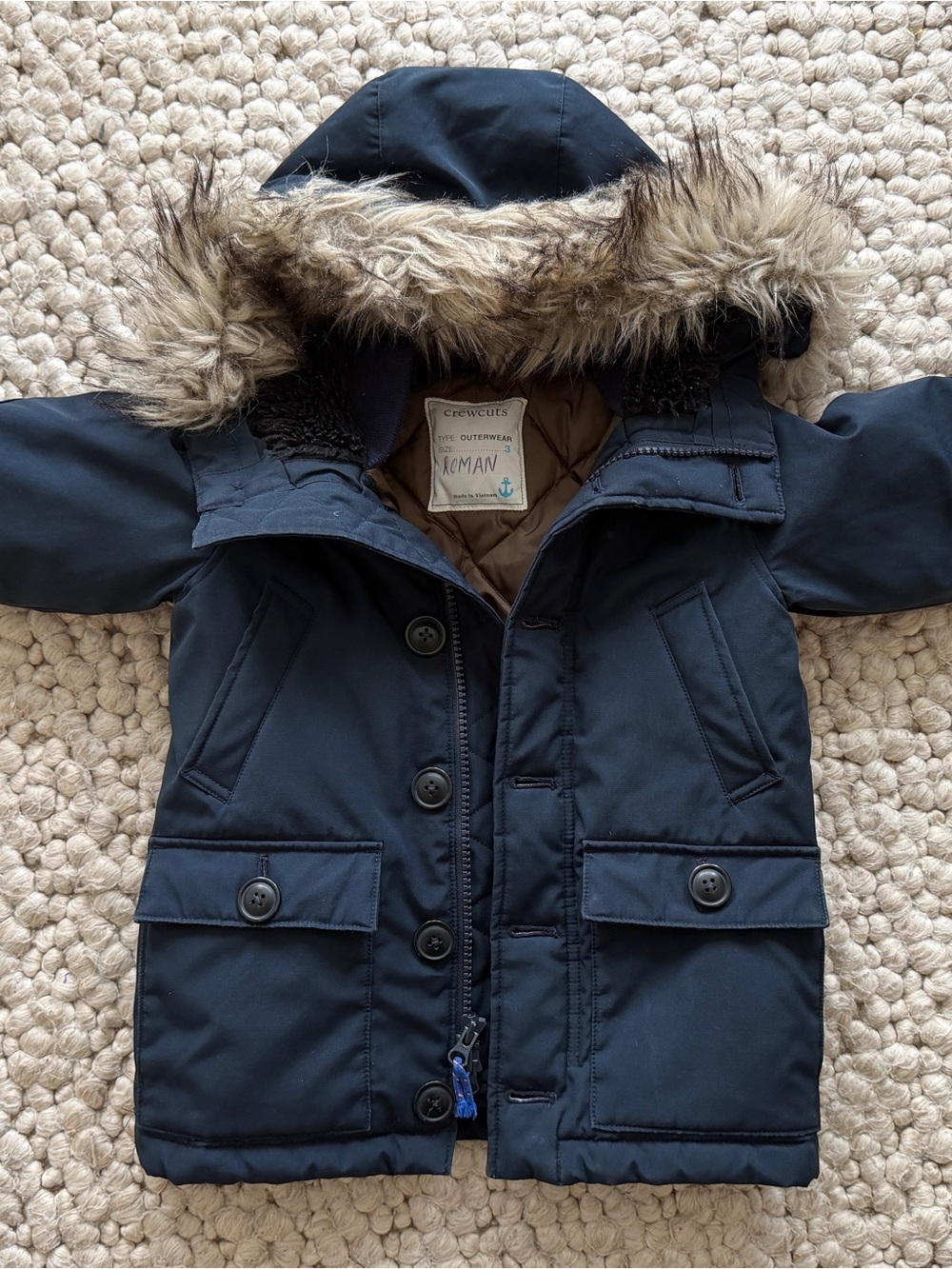 Crewcuts Navy Hooded Puffer Coat with Faux-Fur Trim